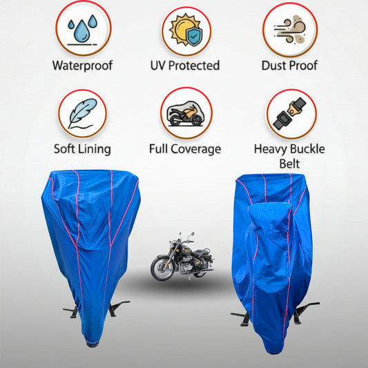Sanrachnass Bull Rider bike cover on a blue Royal Enfield Bullet 650, rainproof, UV protected, dustproof, water-resistant for all weather.