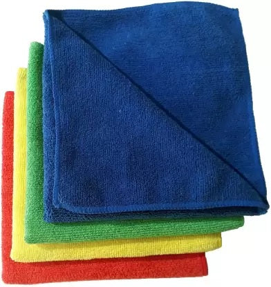 Set of four multicolor 40x40 cm Sanrachnass microfiber cloths for car cleaning, highly absorbent, plush, lint-free, and streak-free.