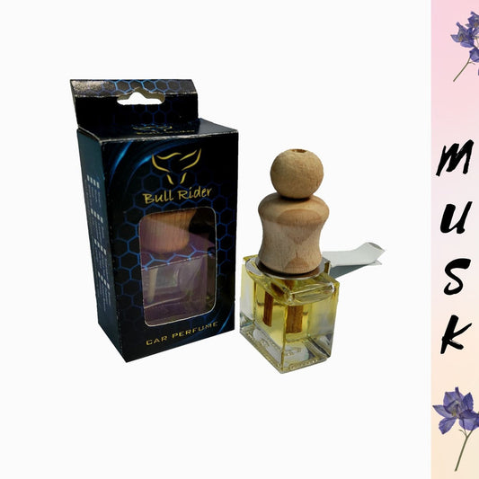 Bull Rider Musk car AC perfume in a glass bottle with wooden cork