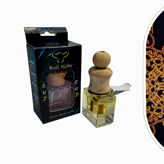 Bull Rider Oud car AC perfume in a glass bottle with wooden cork