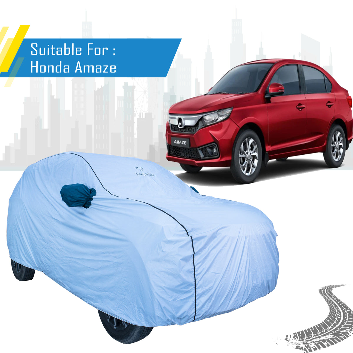 Sanrachnass Bull Rider Honda Amaze all-weather waterproof car body cover on a parked car in outdoor setting