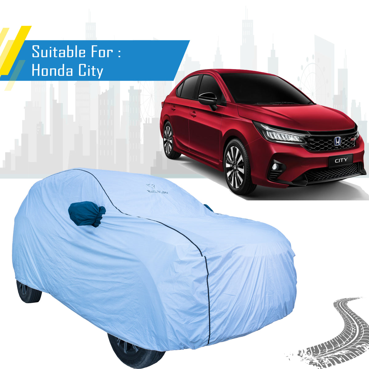 Honda City waterproof car body cover by Bull Rider, designed for all weather protection, shown on a white Honda City.