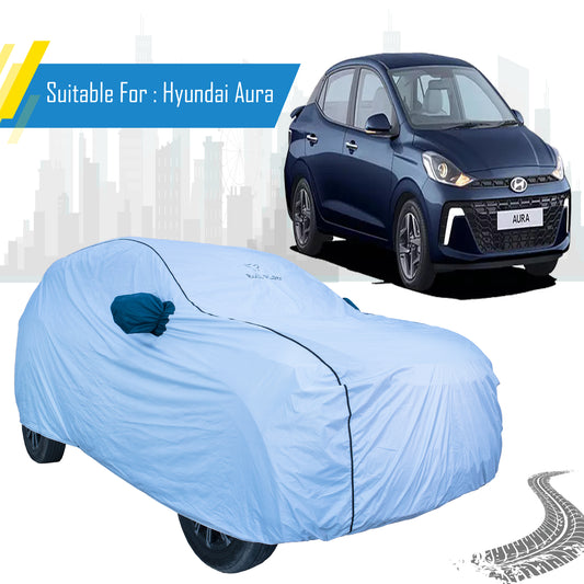 Hyundai Aura waterproof car body cover by Bull Rider, designed for all-weather protection, shown on a Hyundai Aura vehicle.