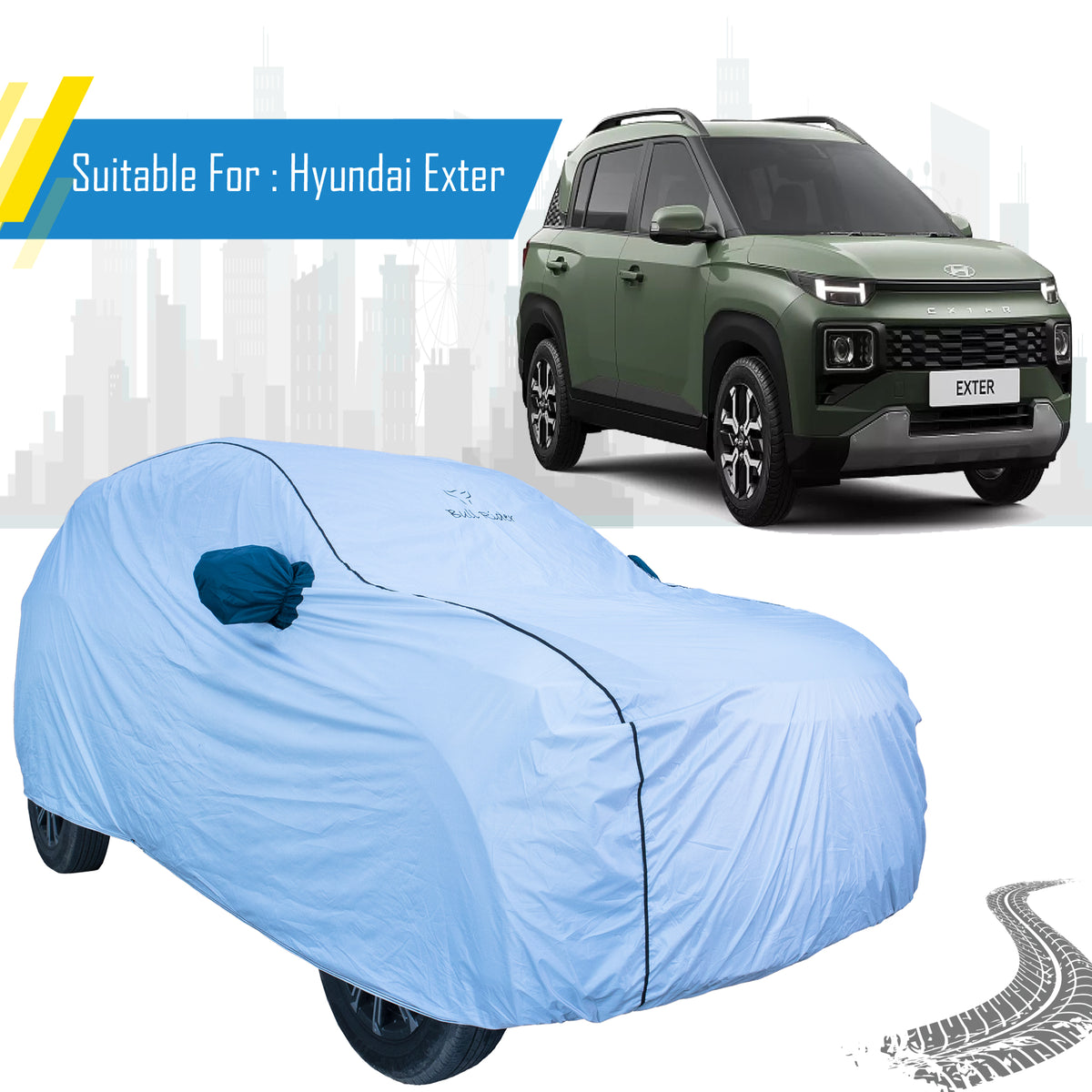 Hyundai Exter waterproof all-weather car body cover by Bull Rider, shown draped over the vehicle for protection against weather.