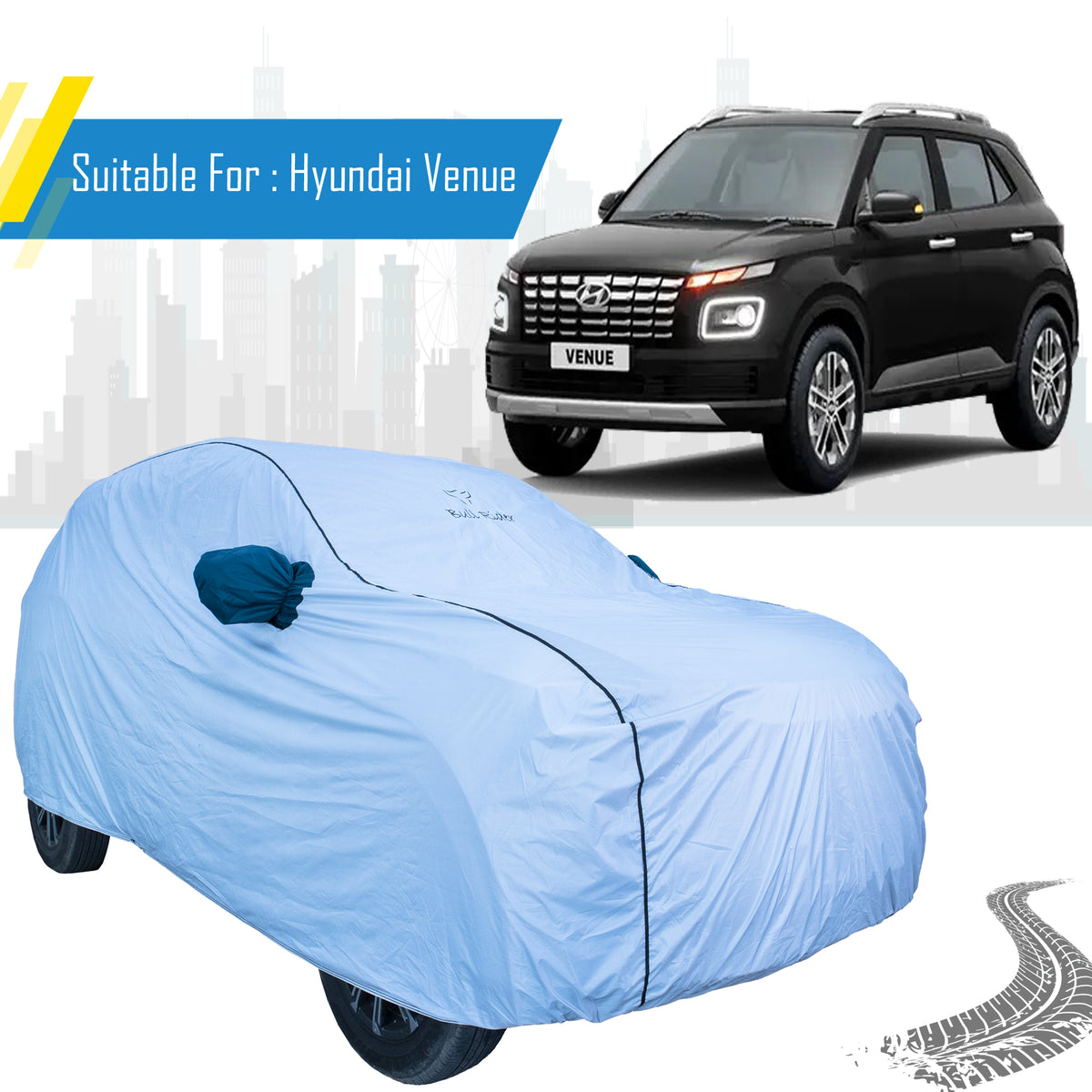 Hyundai Venue all-weather waterproof car body cover by Bull Rider, shown covering the vehicle outdoors for protection.