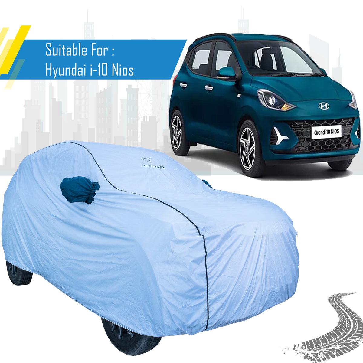Sanrachnass Bull Rider waterproof car body cover on a Hyundai i-10 Nios, protecting the vehicle from weather elements.