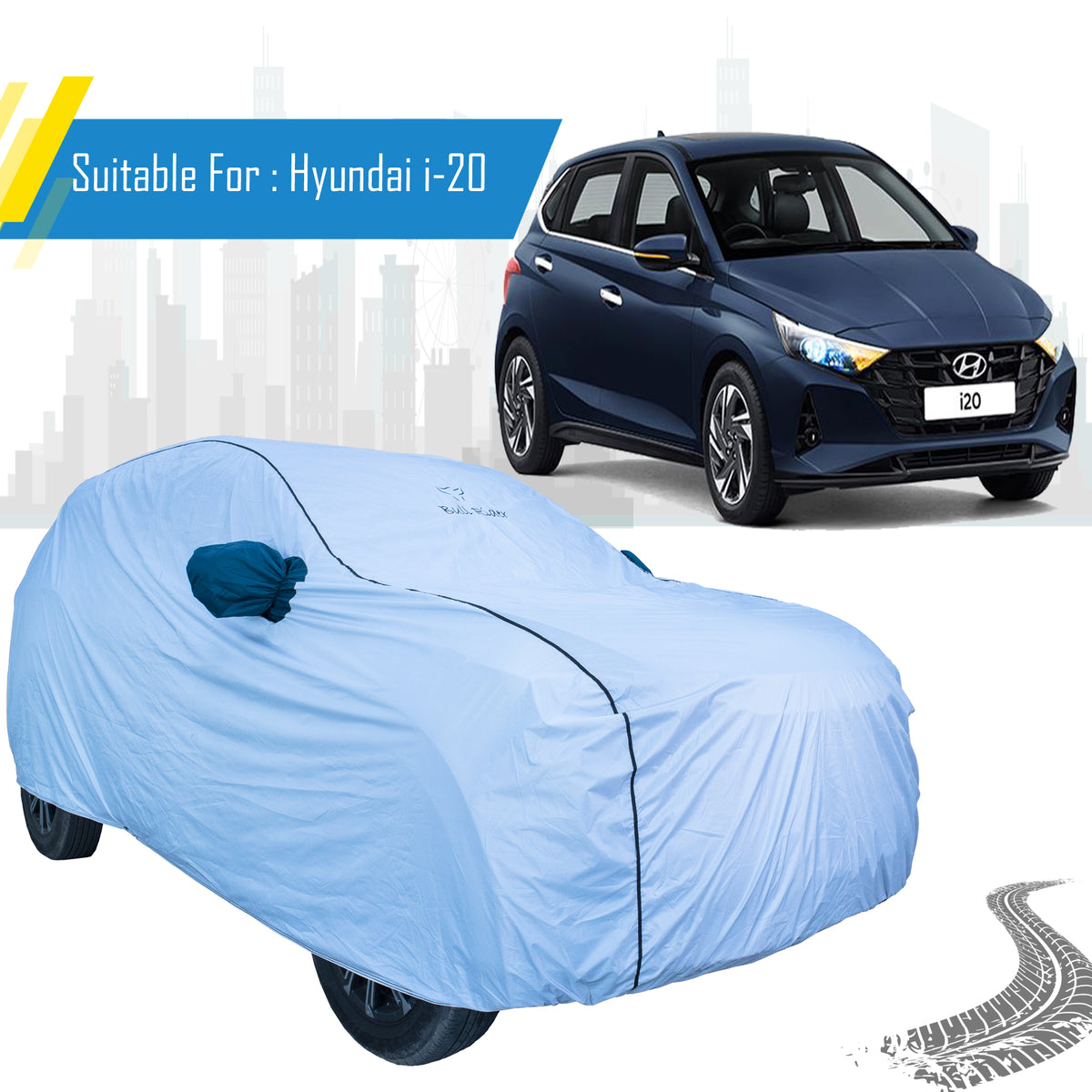 Hyundai i-20 waterproof car body cover by Bull Rider, designed for all-weather protection, shown on a silver Hyundai i-20.
