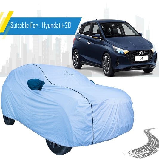 Hyundai i-20 waterproof car body cover by Bull Rider, designed for all-weather protection, shown on a silver Hyundai i-20.