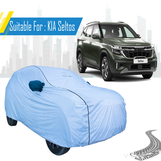 Sanrachnass Bull Rider waterproof car body cover on a Kia Seltos, designed for all weather protection and outdoor use.