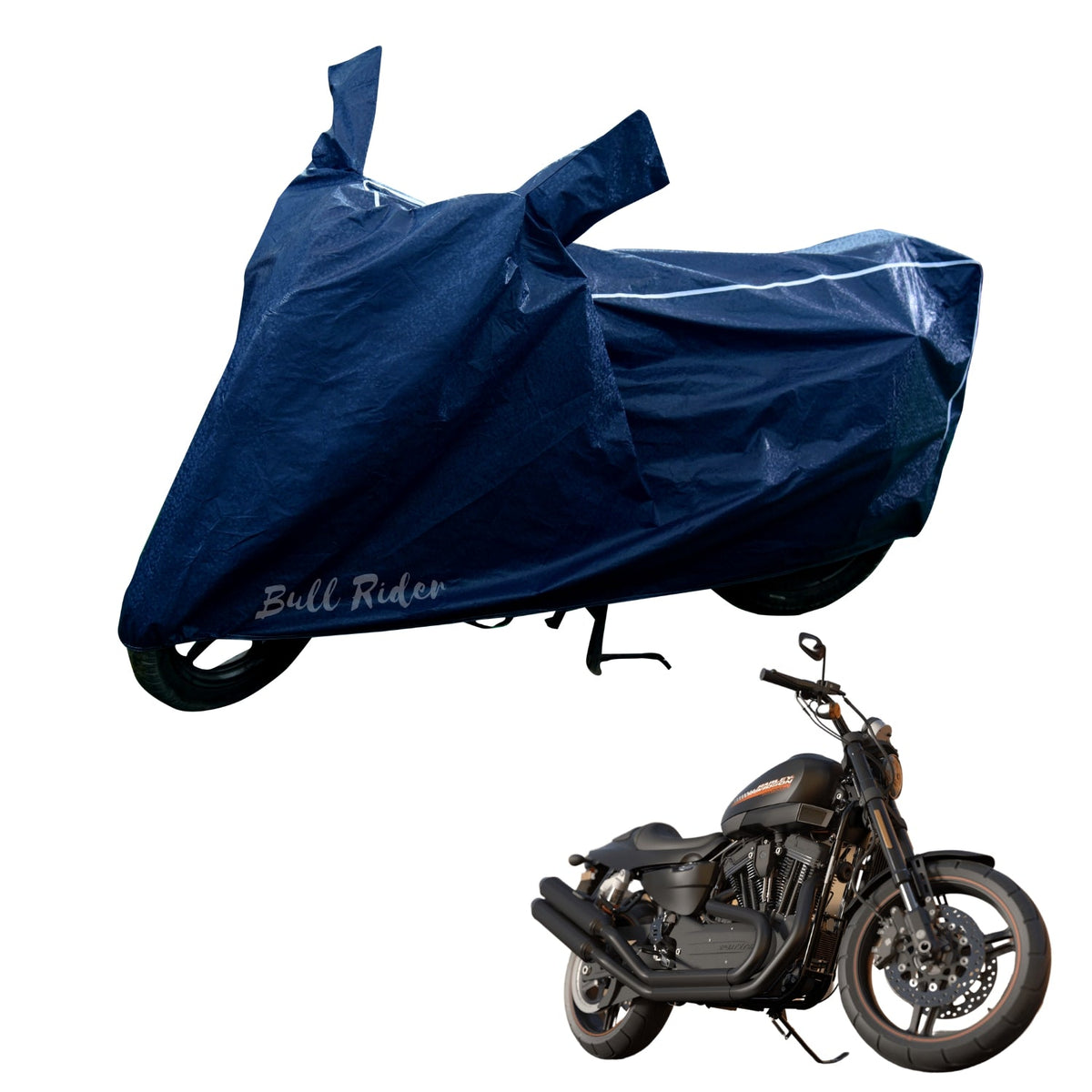 Sanrachnass Bajaj Pulsar 150 waterproof supersoft two-wheeler body cover in navy blue, designed for protection and durability.