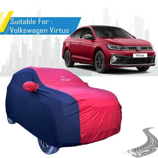 Volkswagen Virtus Supersoft waterproof car body cover by Bull Rider, showing a sleek black cover on the vehicle.