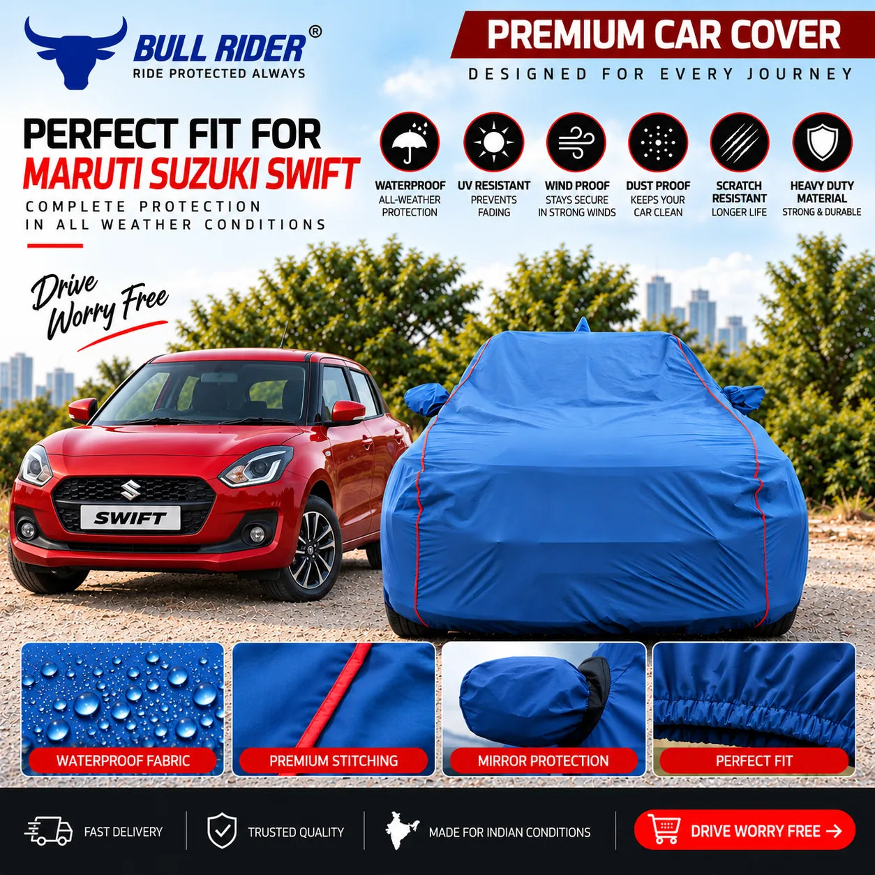 feathelite waterproof car body cover for Premium CAR Cover FOR Swift - Bull Rider