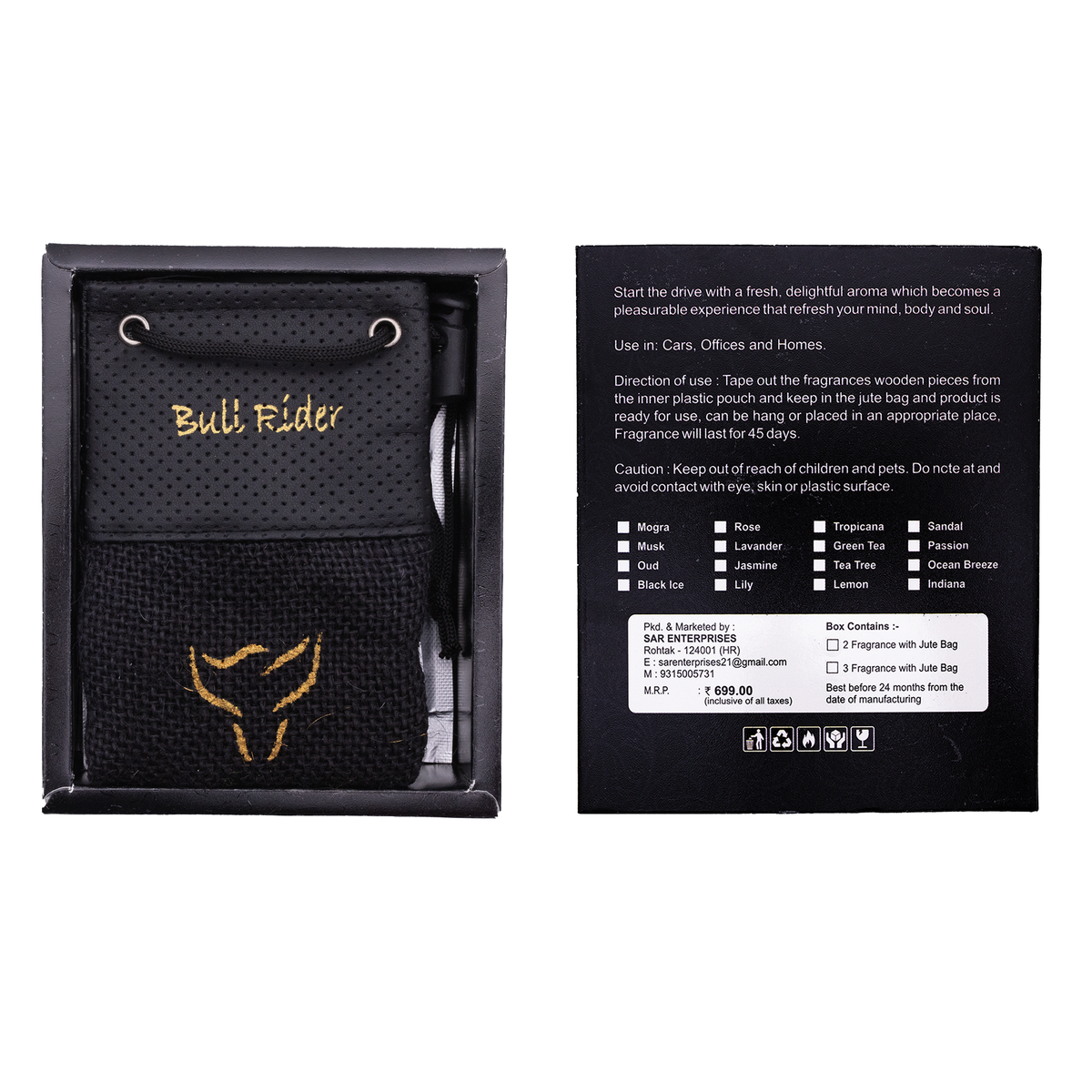 Bull Rider car air freshener scented cake inside a leatherette jute bag holder
